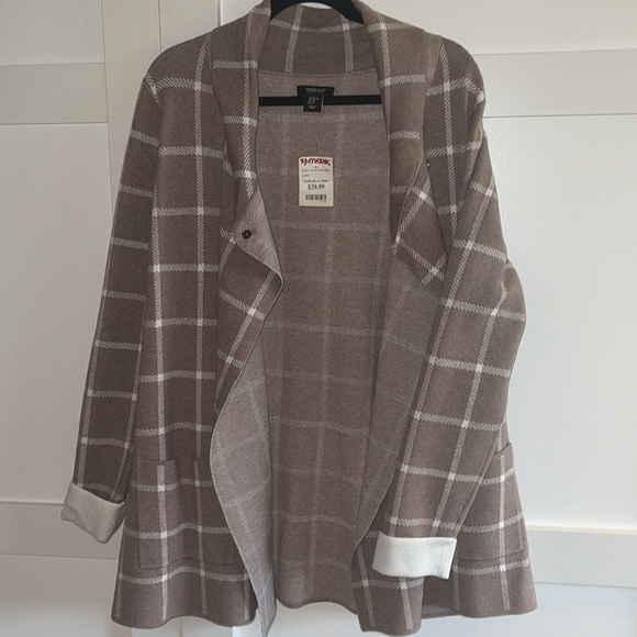 Jones & Co, Jones New York Cardigan, beige with white window-pane plaid. - Picture 8 of 10